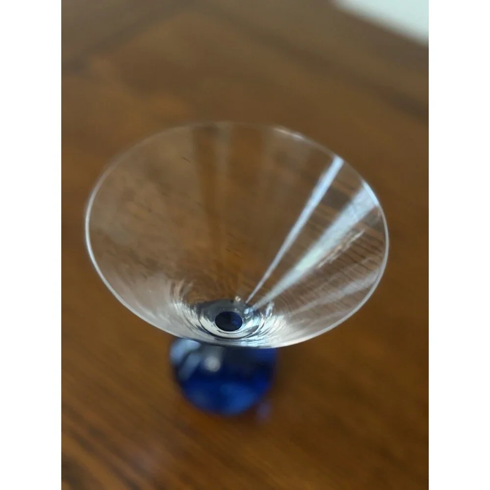 Set of 2 Post Modern Clear Glass Martini Glasses Blue & Amber Ball Base